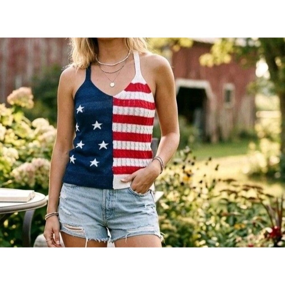 White Birch USA Flag Knit Halter Top Size L 4th of July Patriotic Stars & Stripe